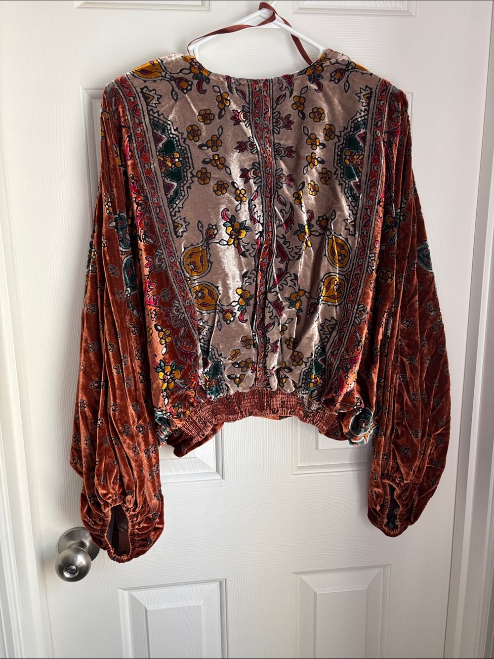 Free People Velvet Wrap Blouse in Rust and Cream with Floral Print - Picture 3 of 3